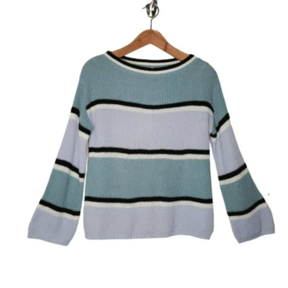 Foxiedox Womens Laurel Pullover Sweater Aqua Stripes‎ Size Small